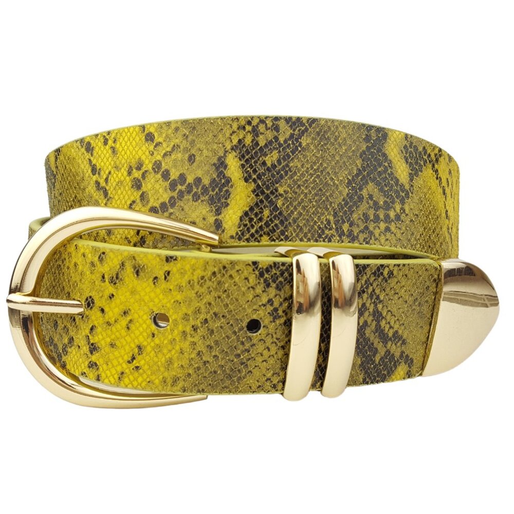 Yellow Python snake printed leather belt with gol… - image 1